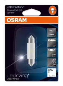 Лампа светодиодная блистер 1шт C5W 12V 0.5W SV8.5-8 Standart LEDriving Festoon (свет холодный белый, цветовая температура 6000K, длина 36мм)