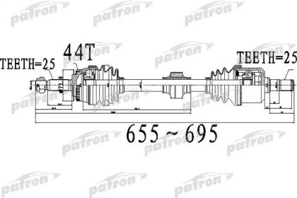 Полуось передний мост слева 25X655X71,8X25 ABS44T  488