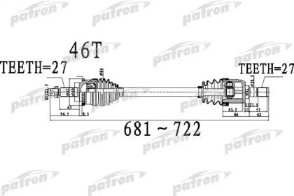 Полуось передний мост слева 27X681X60X27 ABS46T HY 490