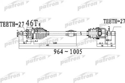 Полуось передний мост справа 27X964X60X27 ABS46T H 491