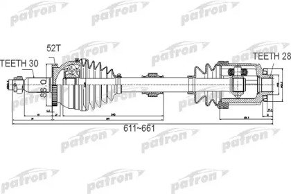 Полуось передний мост справа 30x611x88x28 ABS52T H 501