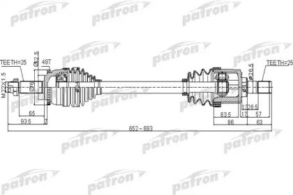 Полуось передний мост слева 25x652x52,5x25 ABS48T  504