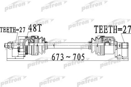 Полуось передний мост слева 27x673x62,2x27 ABS48T  510