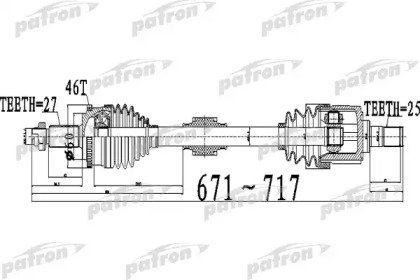 Полуось передний мост слева 27X671X60X25 ABS46T KI 511