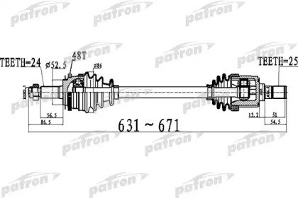 Полуось передний мост слева 24X631X52,5X25 ABS48T  513