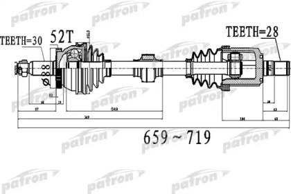 Полуось передний мост слева 30x659x88x28 ABS52T KI 523