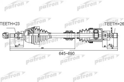 Полуось передний мост слева 23x645x49x26 NISSAN NO 526