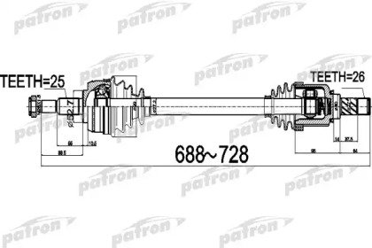 Полуось передний мост слева 25x688x52,7x26 RENAULT 529