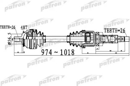 Полуось передний мост справа 36x974x56,5x26 ABS 48 536