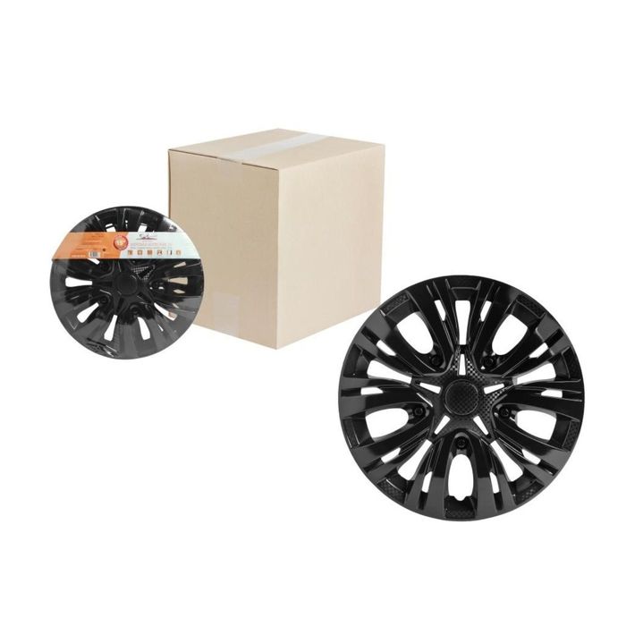 Комплект колпаков колесных 2 шт, для защиты колесных штампованных дисков, 14 дюймов, модель Лион, цвет черный глянец, карбон