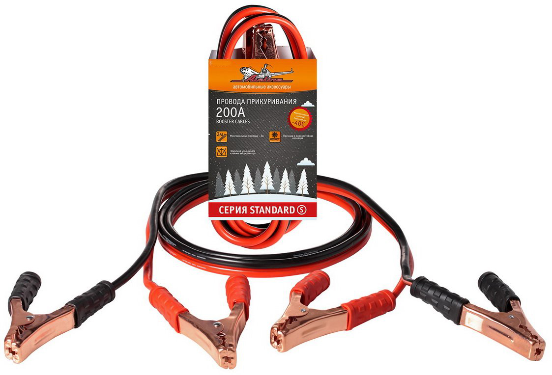Провода стартерные 200 А, 12 В, длина кабеля - 2 м, рабочая температура от - 40 до + 80 С, диаметр провода - 8 мм
