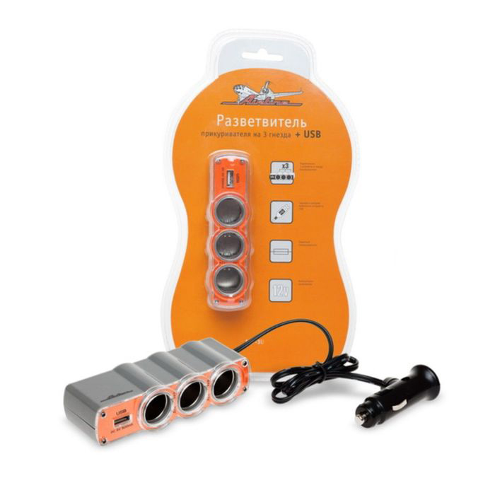 Разветвитель прикуривателя 3 гнезда + USB, 5 А, 12 V, оранжевый