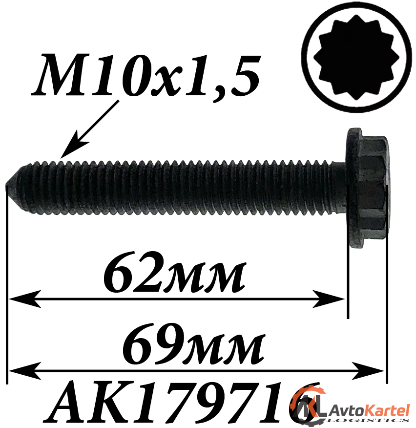 Болт M10x1.5x69мм с двенадцатигранной головкой