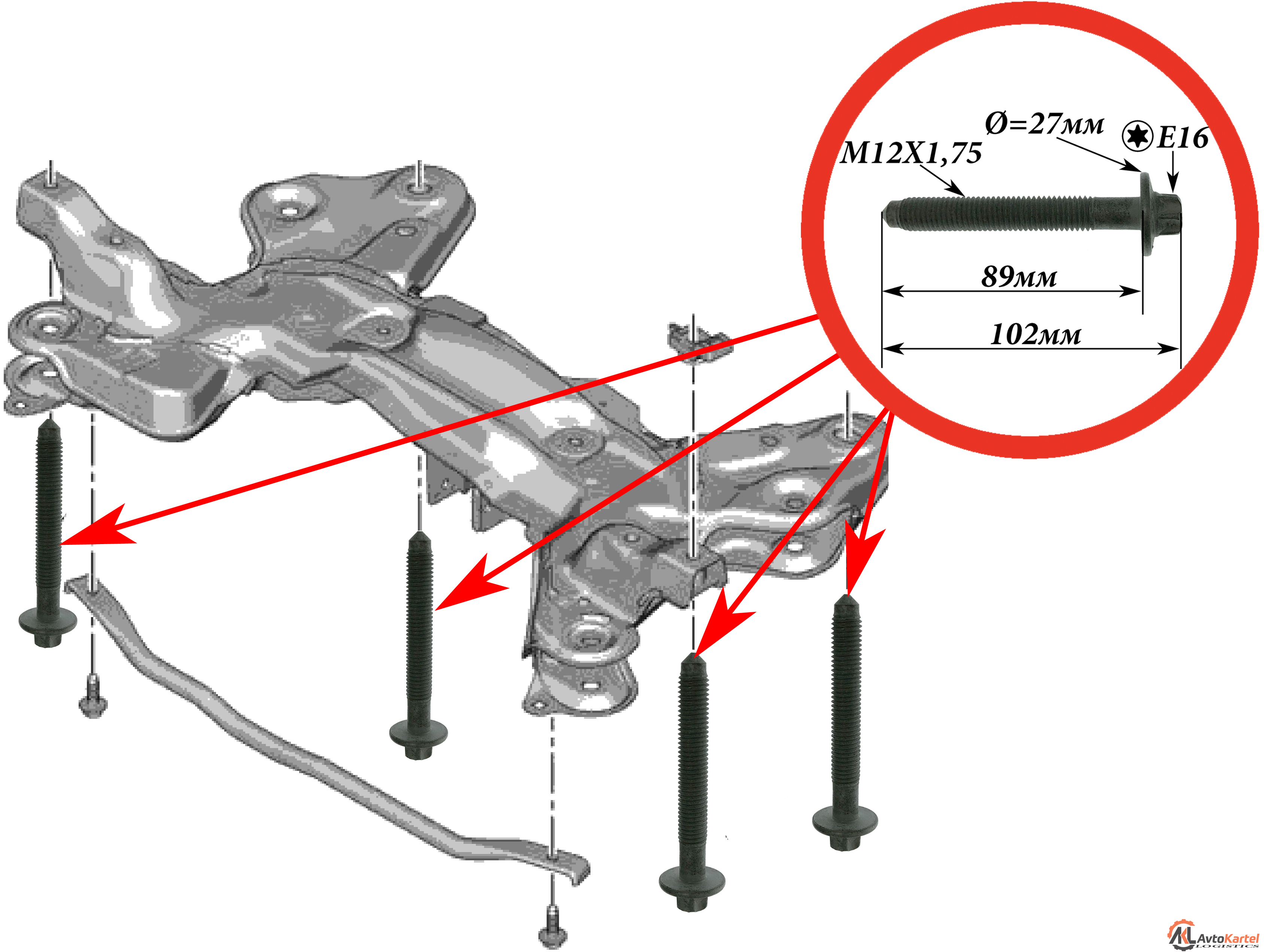 Болт подрамника CITROEN C4 Picasso, C4 Spacetourer (B78), PEUGEOT 301, 12х1,75х90-102мм