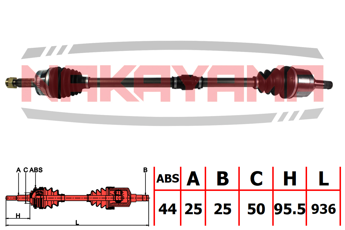 Приводной вал 25x25x936x50 ABS:44T правый HYUNDAI Matrix, Elantra