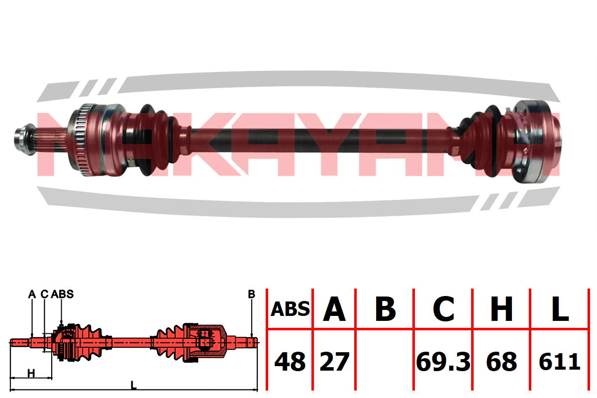Вал приводной, задний левый BMW 1 04-, 3 05- 27xx611x69.3 ABS:48