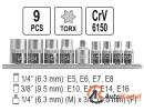 Набор головок торцевых, 9 пр Е-профиль: 1/4 inch: Е5-Е8, 3/8 inch: E10, E12, E14, E16, переходник 1/4(М) х 3/8(F), блистер